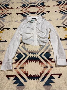 SHEIN White Ruched Cropped Button-Down Shirt
